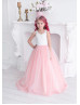 Ivory Lace Coral Pink Tulle Wedding Flower Girl Dress